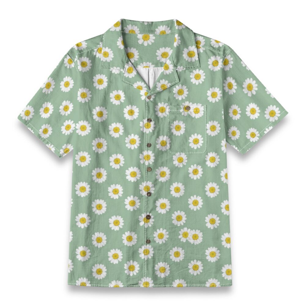 Feverfew Daisy Green Fresh Floral Hawaiian Shirt
